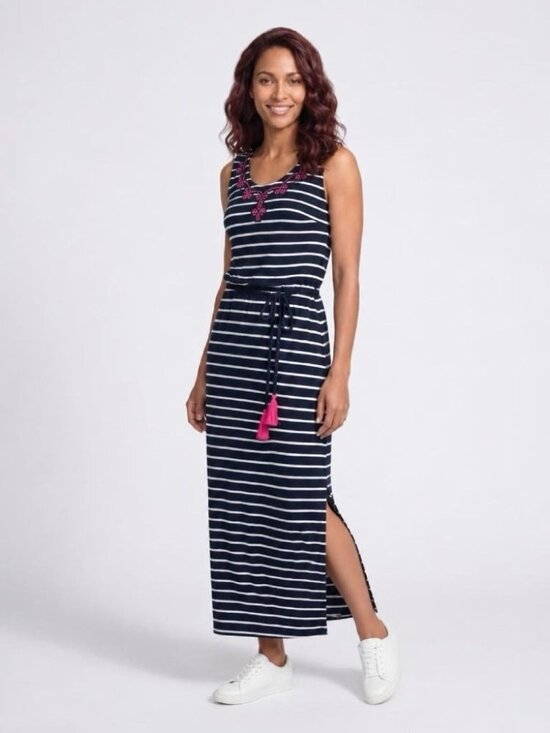 Talbots Other - Striped Maxi Dress Pink Embroidery Sleeveless Tie Waist And Side Slits Talbots